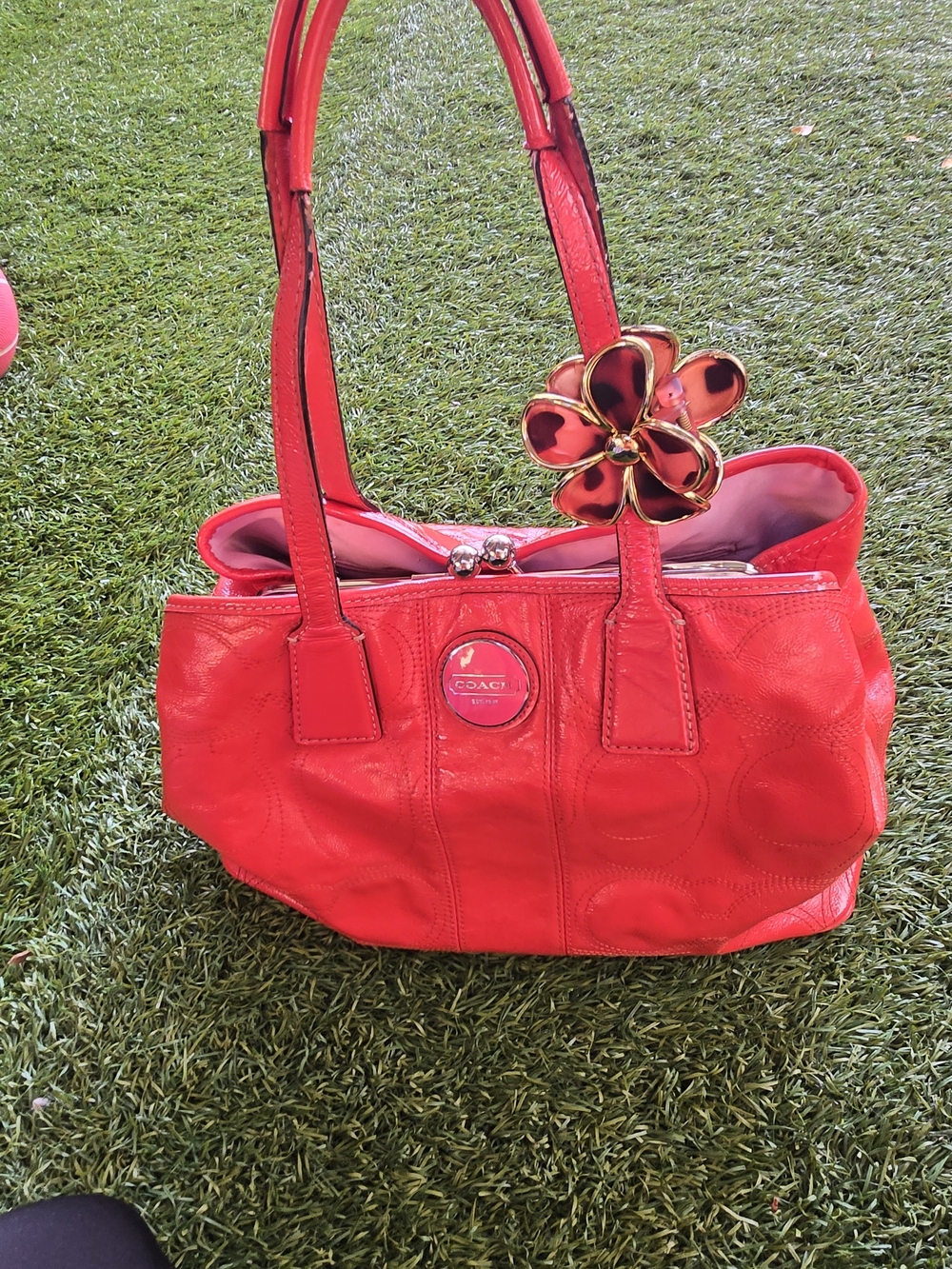 Coach Coral Signature Leather Tote with Flower Charm